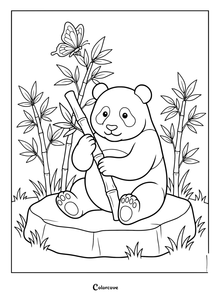 Cute panda sitting on a tree stump holding a bamboo stalk with a butterfly nearby in this free printable coloring page.