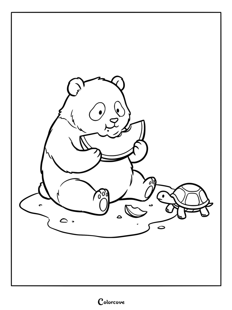 A cute panda sitting on the ground eating a slice of watermelon next to a small turtle in this free printable coloring page.