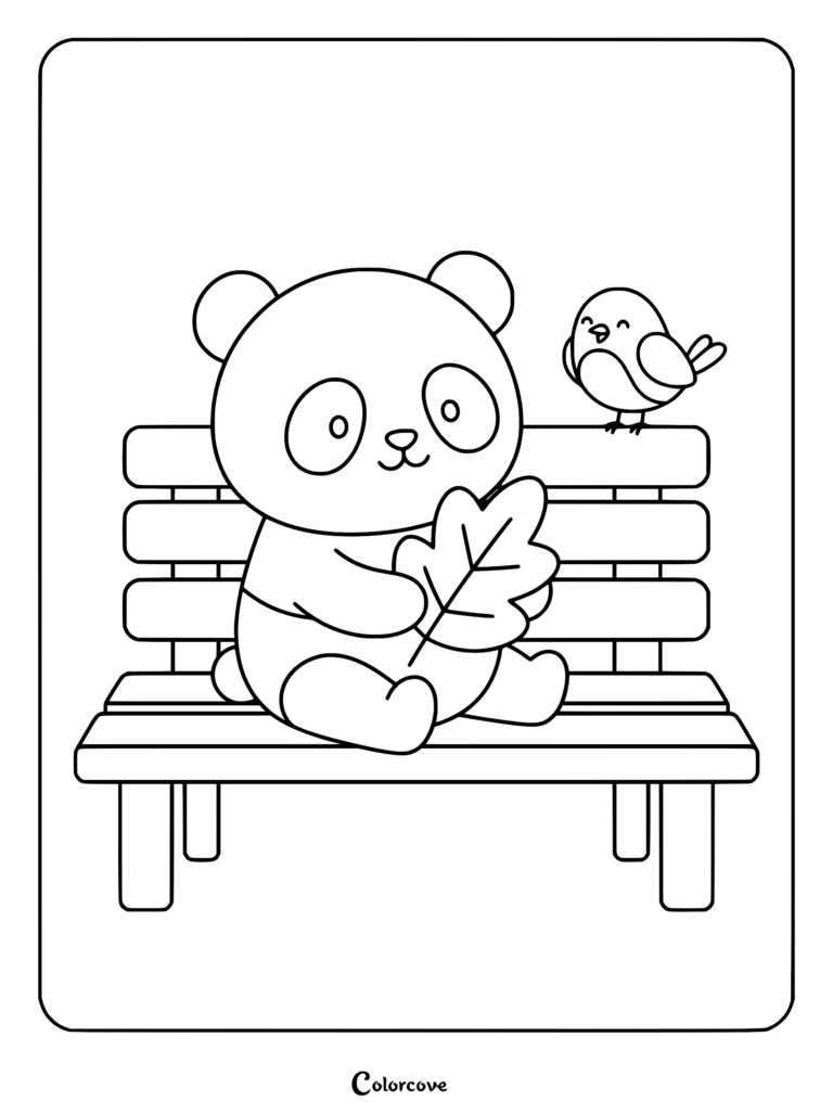 Cute panda holding a leaf while sitting on a park bench next to a small bird in this free printable coloring page.