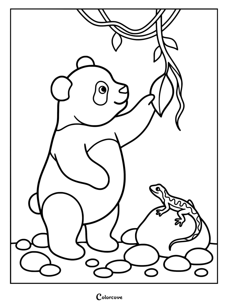 A cute panda reaching for a hanging vine leaf with a small lizard sitting on a rock nearby in this printable coloring page.