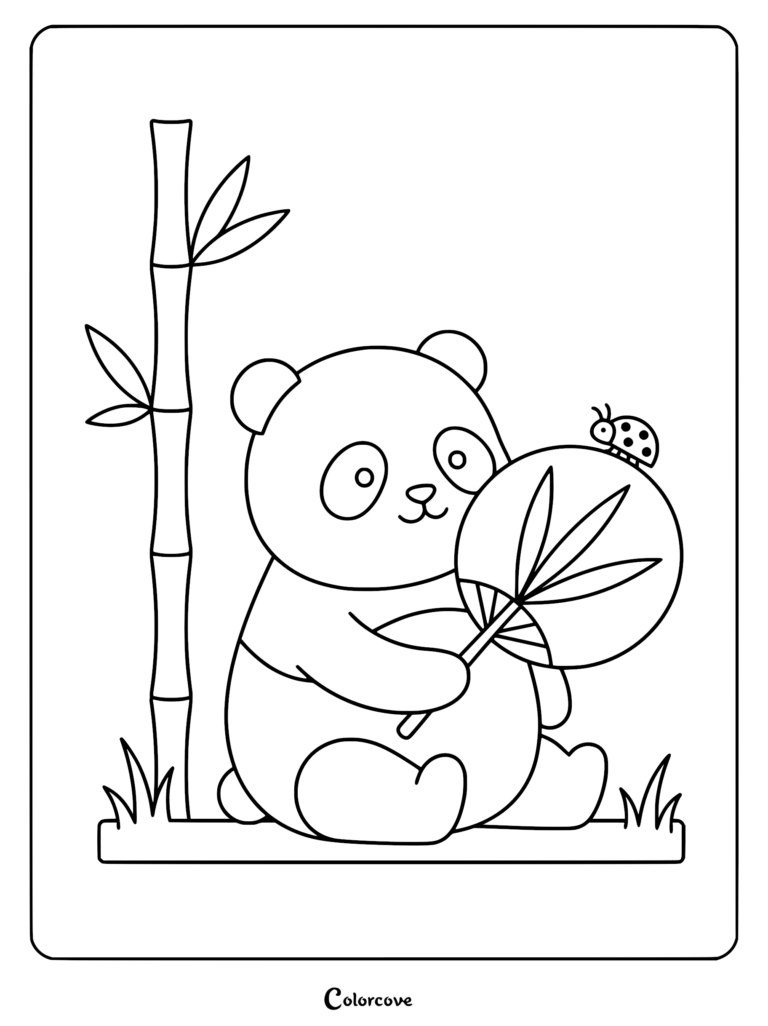 Cute Panda holding a bamboo leaf fan with a ladybug on top, next to a bamboo stalk, coloring page.