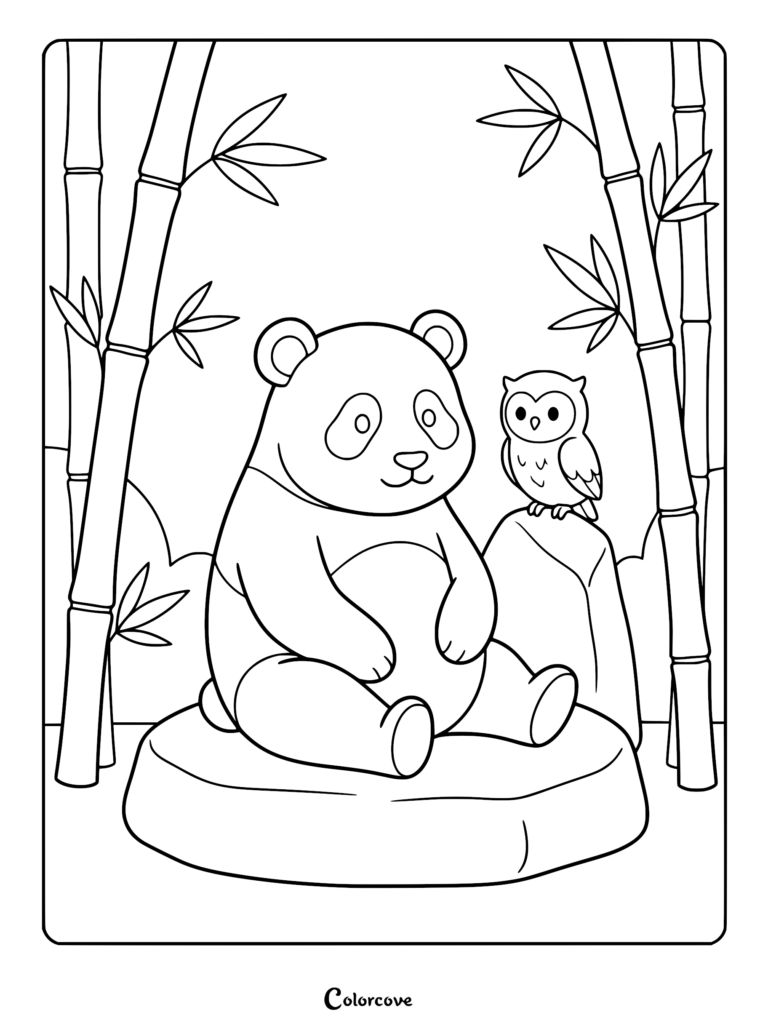 Cute Panda sitting on a rock with a small owl in a bamboo forest, printable coloring page.