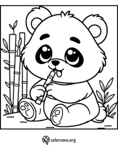 Adorable panda bear coloring page with a bamboo stick, perfect for kids and adults to color and enjoy.