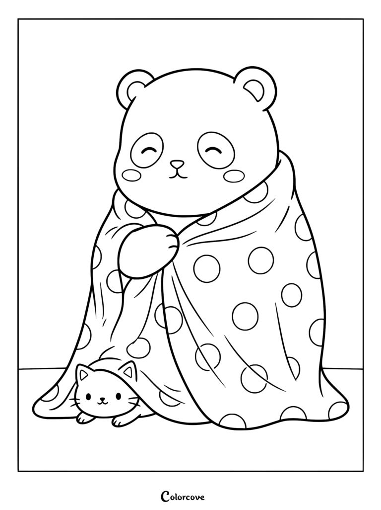 A cute panda wrapped in a polka dot blanket with a small kitten hiding underneath in this printable coloring page.
