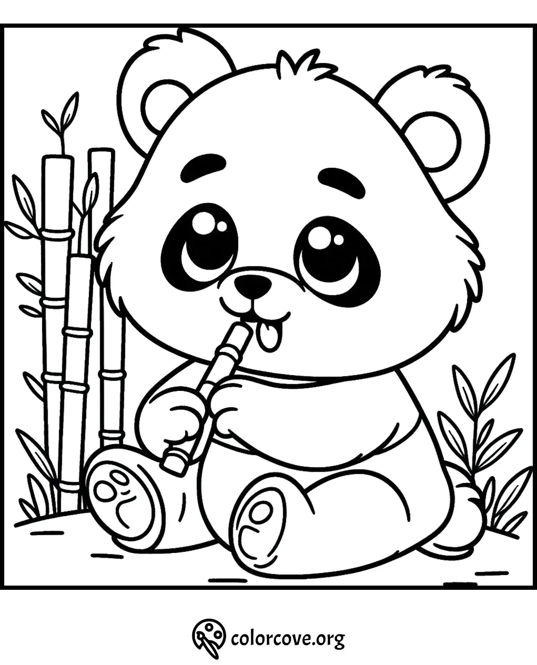 Adorable panda bear coloring page with a bamboo stick, perfect for kids and adults to color and enjoy.