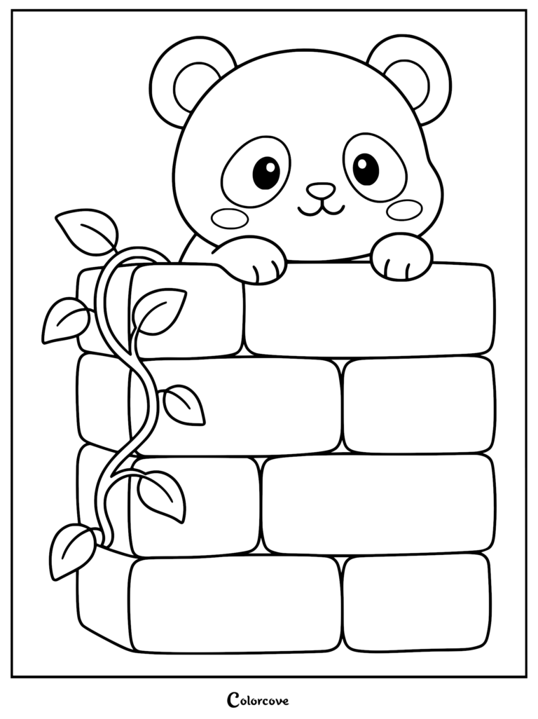 A cute panda peeking over a brick wall with a leafy vine, printable coloring page.