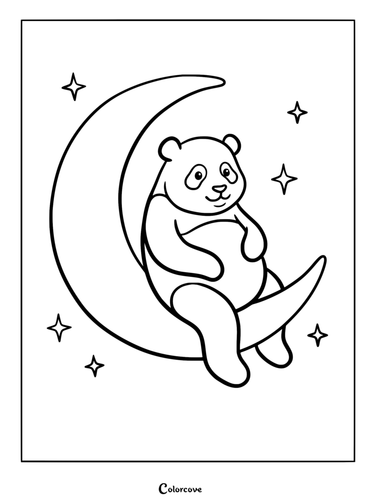A cute panda sitting on a crescent moon surrounded by stars in this free printable coloring page.