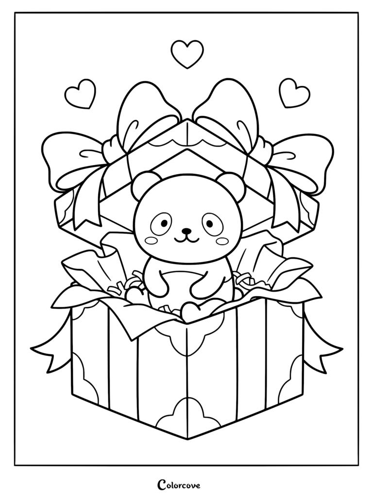 A cute panda sitting inside a gift box with a large bow and floating hearts in this free printable coloring page.