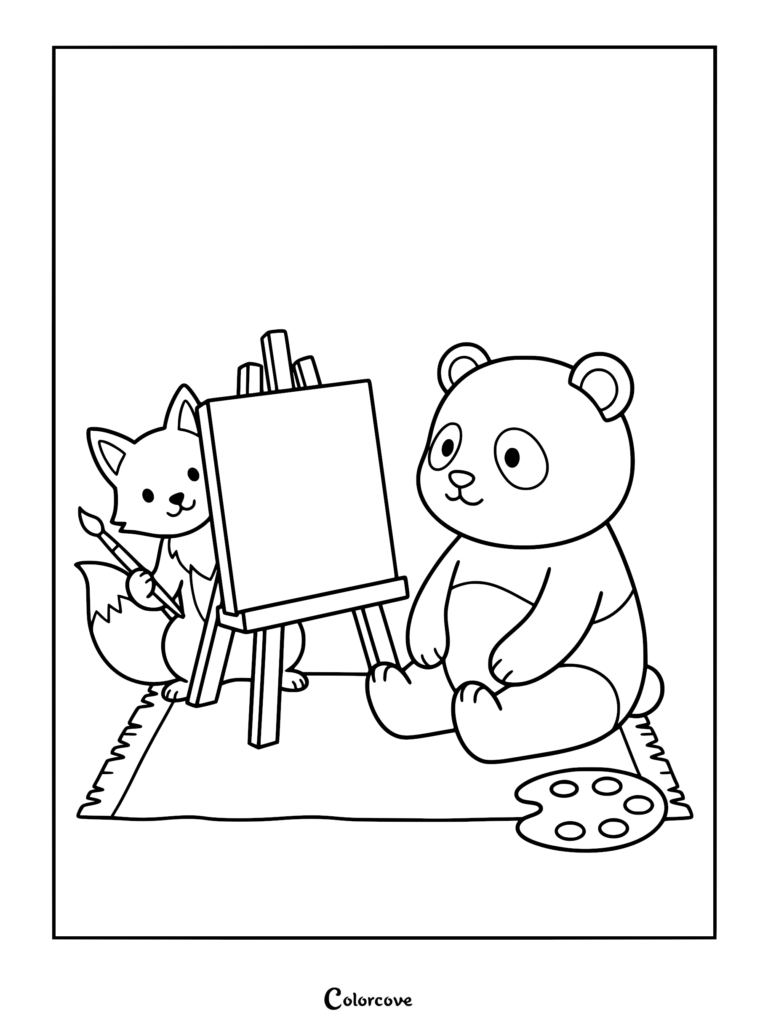 A cute panda sitting on a rug next to a fox holding a paintbrush by an easel in this free printable coloring page.