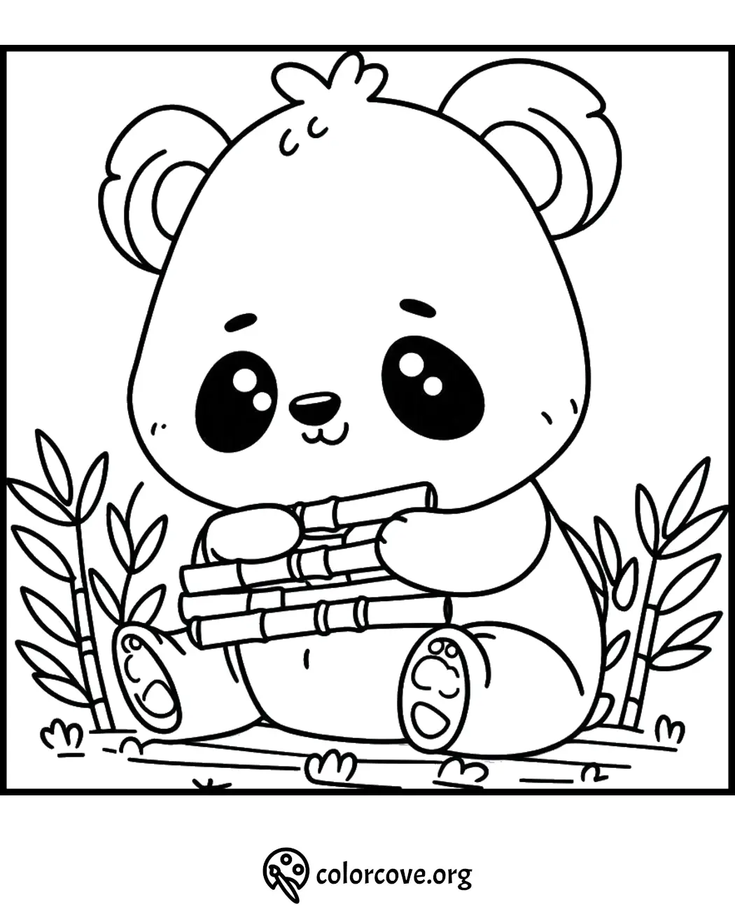 Cute panda coloring page for kids with a kawaii panda holding bamboo. Free printable coloring sheet at colorcove.org.