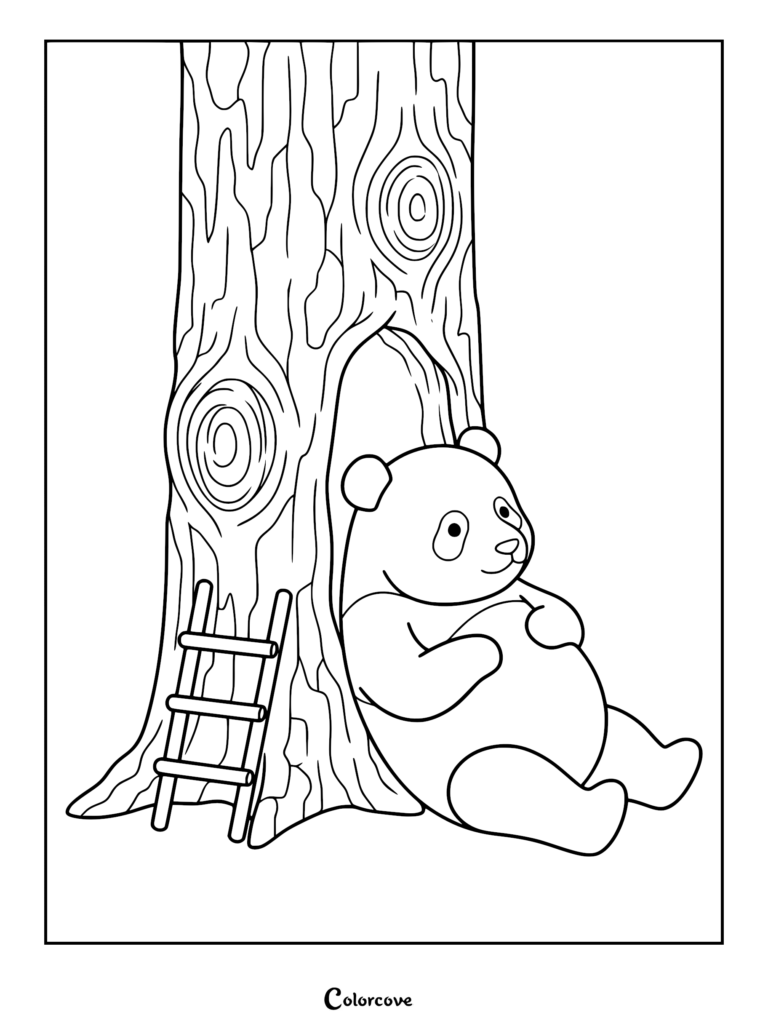 A cute panda resting against a large tree trunk with a small ladder nearby in this printable coloring page.