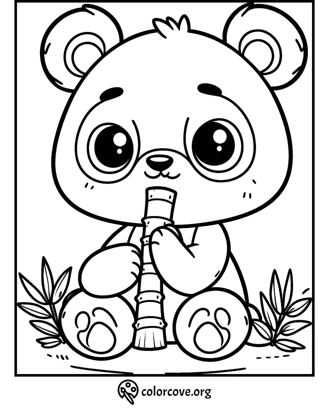 Cute panda coloring page with a baby panda holding bamboo. Perfect for kids' coloring activities and panda-themed fun.