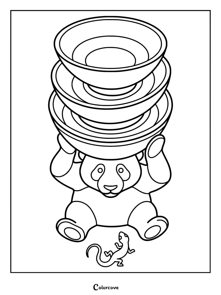 A cute panda balancing a stack of three bowls on its head while a small lizard watches in this printable coloring page.