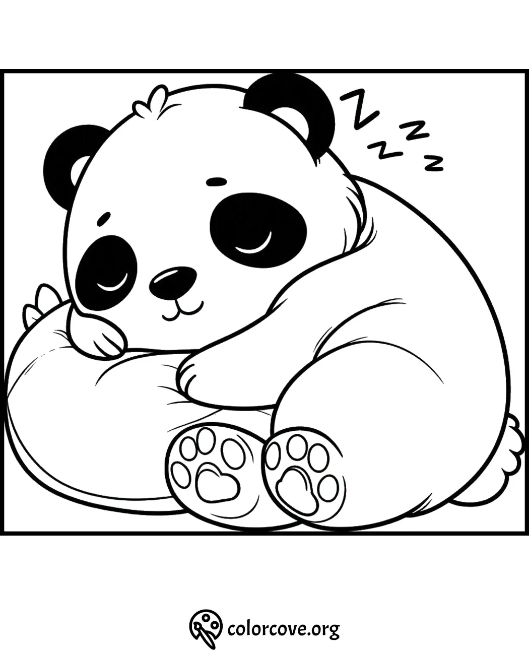 Coloring page of a cute sleeping panda bear resting on a pillow. Perfect for kids' coloring activities.