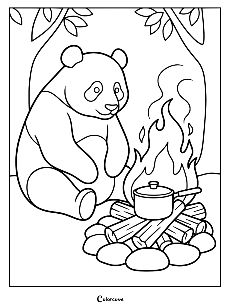 A cute panda sitting by a campfire with a cooking pot on a printable coloring page.