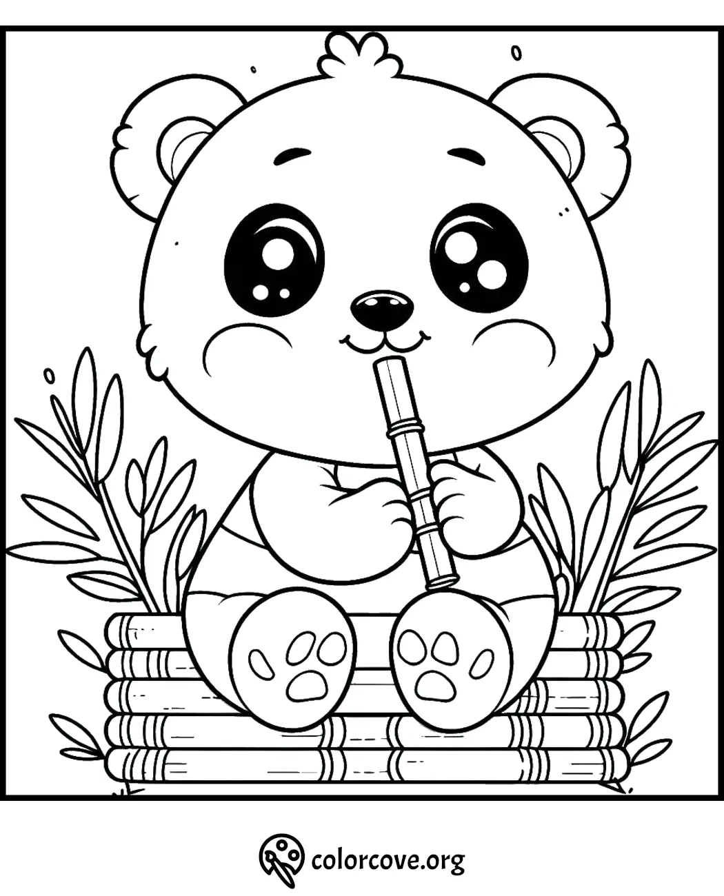 Cute panda coloring page: adorable sitting panda eating bamboo surrounded by leaves, ready for coloring fun!