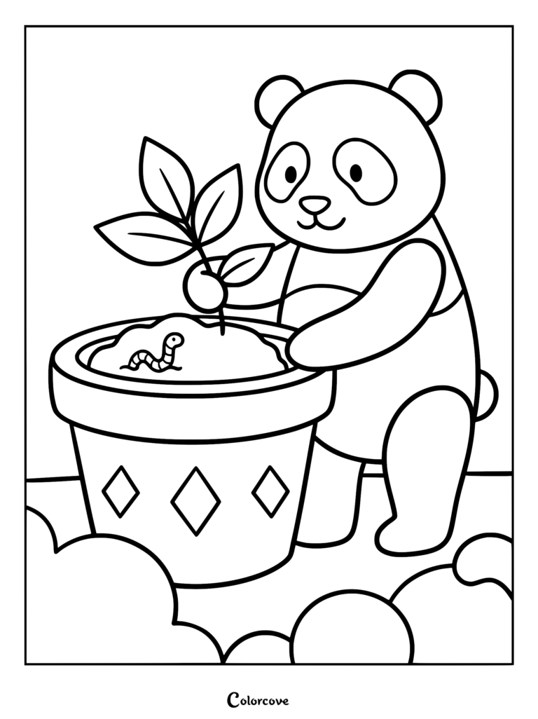 A cute panda planting a small sprout in a diamond-patterned pot with a friendly worm nearby in this printable coloring page.