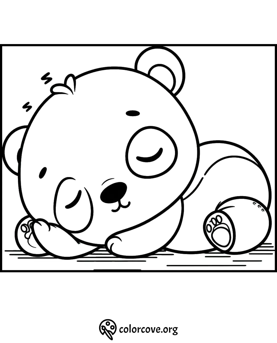 Cute sleeping bear coloring page for kids. Printable black and white drawing perfect for young artists. ColorCove.org.