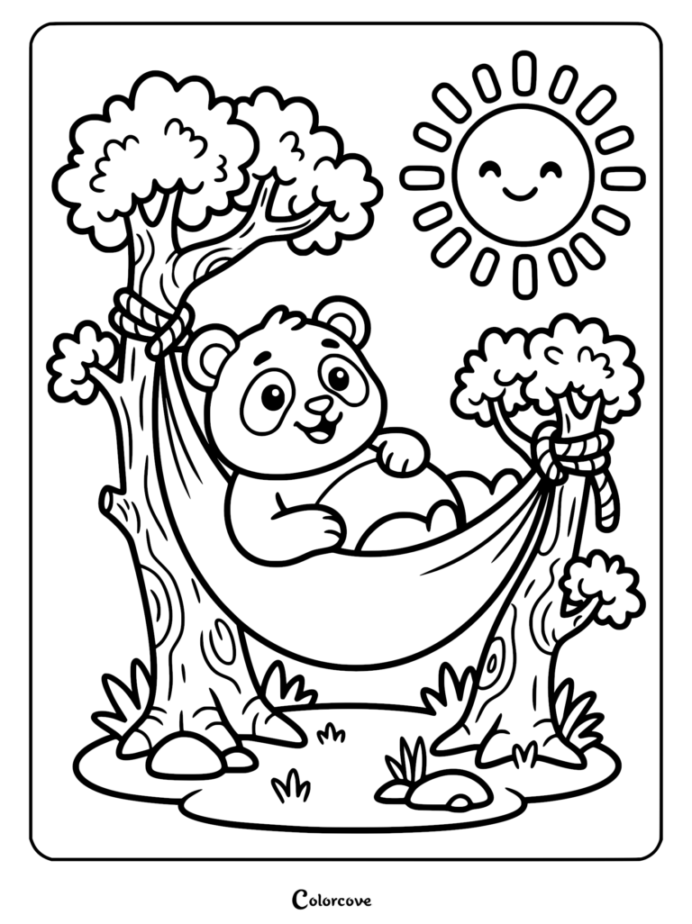 A cute panda relaxing in a hammock tied between two trees under a smiling sun, line art coloring page.