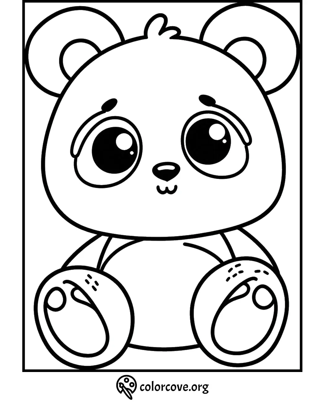 Cute bear coloring page for kids, featuring a big-eyed, adorable bear sitting with paw prints. By colorcove.org.