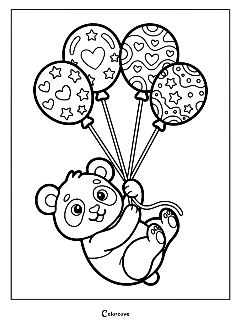 A cute panda holding a bunch of patterned balloons in this free printable coloring page.
