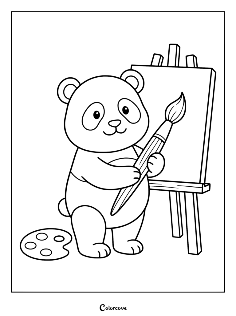 A cute panda holding a large paintbrush standing next to an artist easel on this free printable coloring page.
