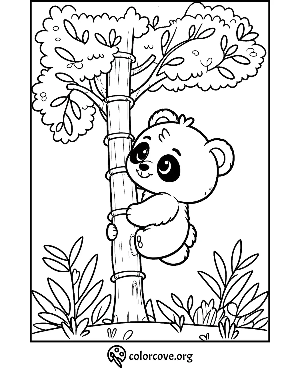 Cute panda hugging bamboo coloring page for kids, printable and fun activity from ColorCove.org.