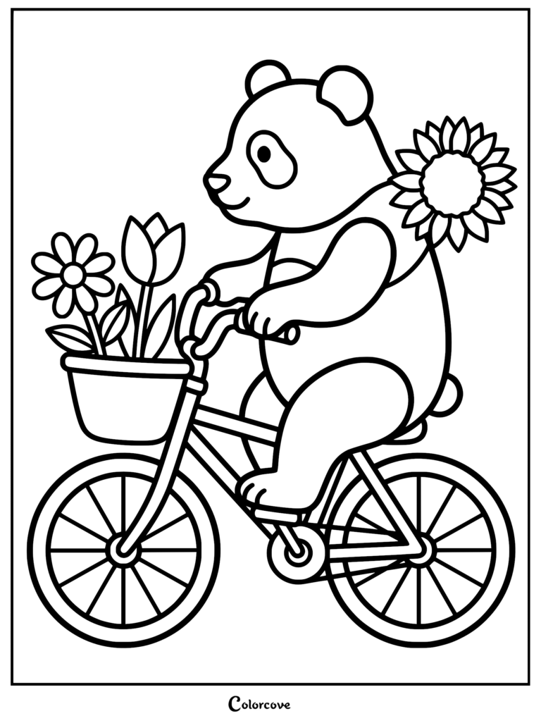 Cute panda riding a bicycle with a flower basket and a sunflower on its back, coloring page.