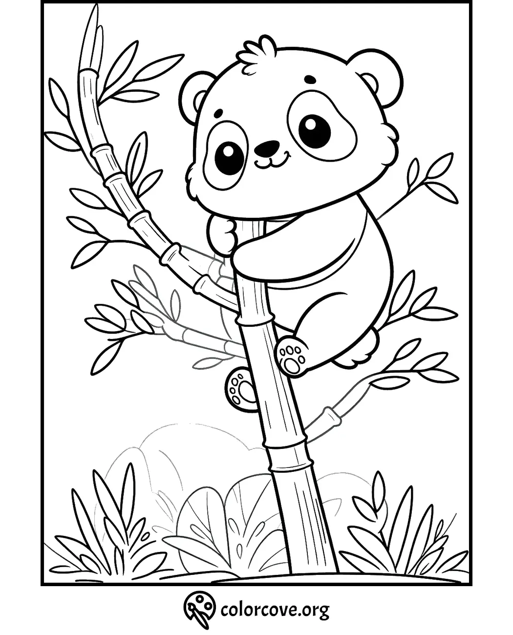 Cute panda bear climbing bamboo coloring page for kids from colorcove.org; printable and fun nature activity.