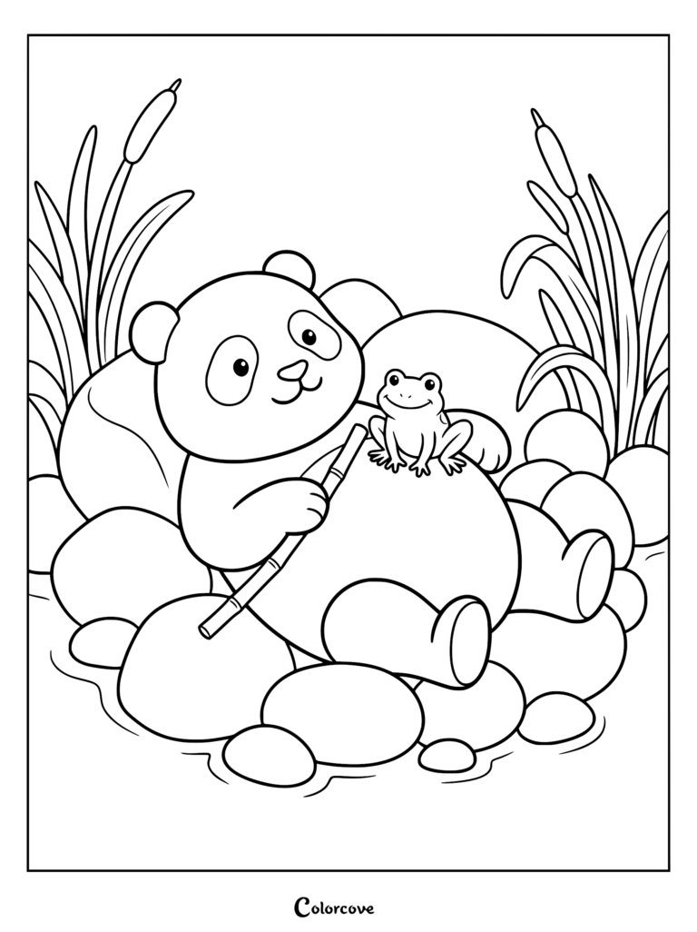 Cute panda holding a bamboo stalk with a small frog sitting on its belly in a pond coloring page