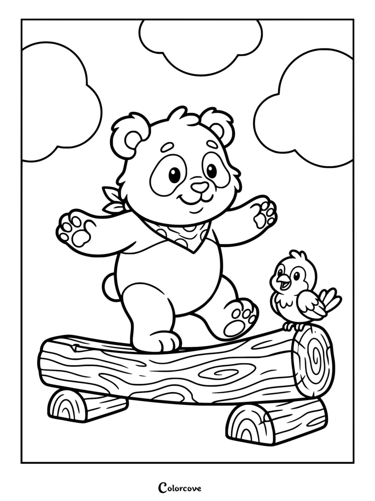 A cute panda wearing a bandana balancing on a log with a small bird in this free printable coloring page.