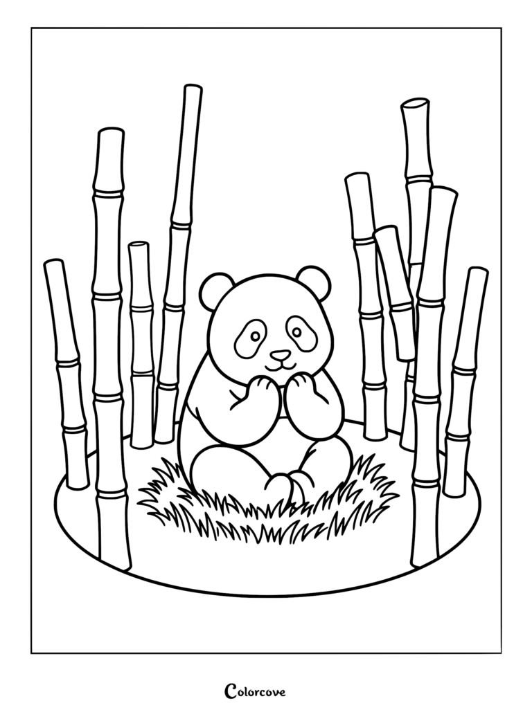 A cute panda sitting in a grassy patch surrounded by bamboo stalks in this printable coloring page.