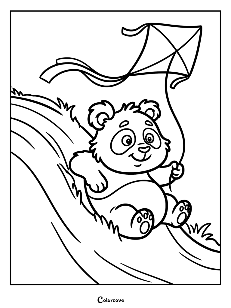 A cute panda sliding down a grassy hill while holding a kite string in this printable coloring page.