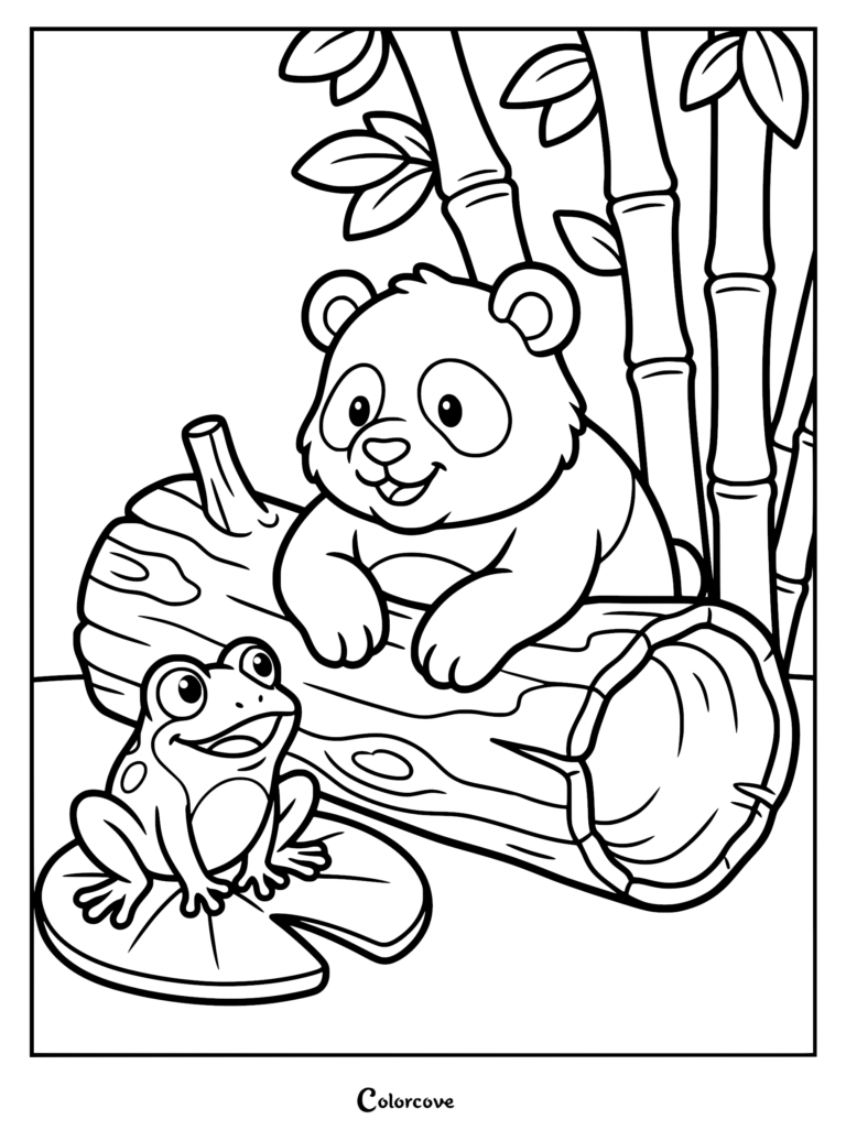Cute panda resting on a log with a frog on a lily pad, free printable coloring page.