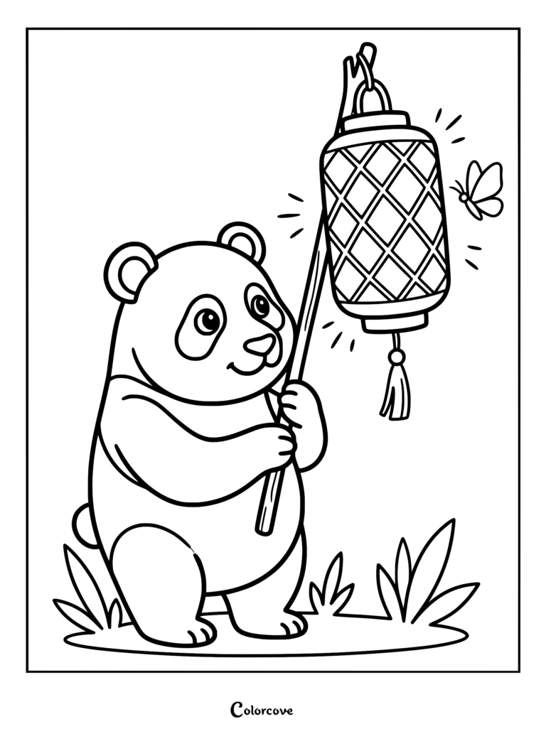 A cute panda holding a traditional lattice lantern with a butterfly nearby in this free printable coloring page.