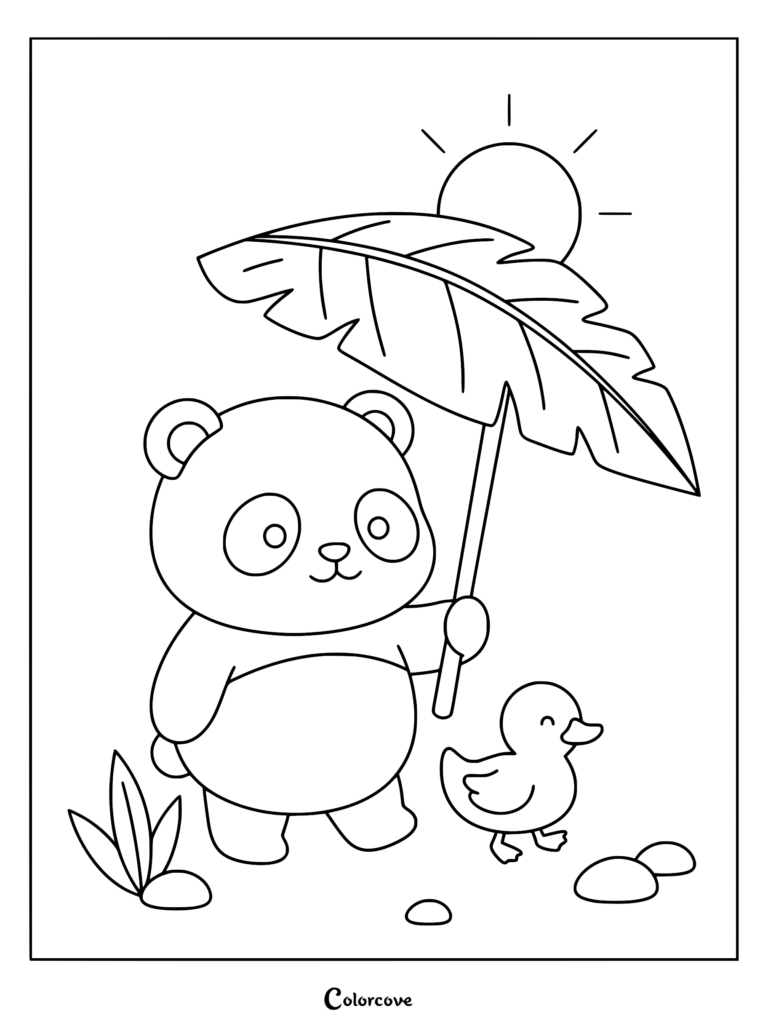 Cute Panda holding a large leaf umbrella with a duckling on a sunny day coloring page