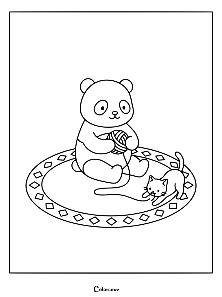 A cute panda sitting on a patterned rug playing with a ball of yarn alongside a small kitten in this free printable coloring page.
