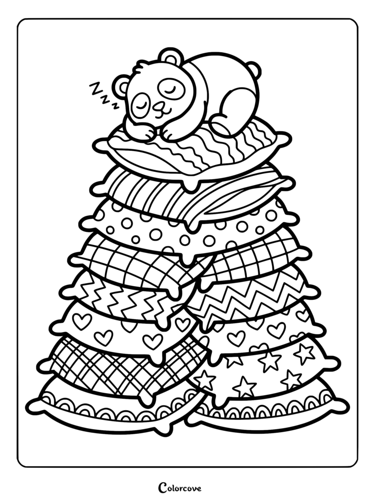 A cute panda sleeping on a tall stack of patterned pillows in this free printable coloring page.