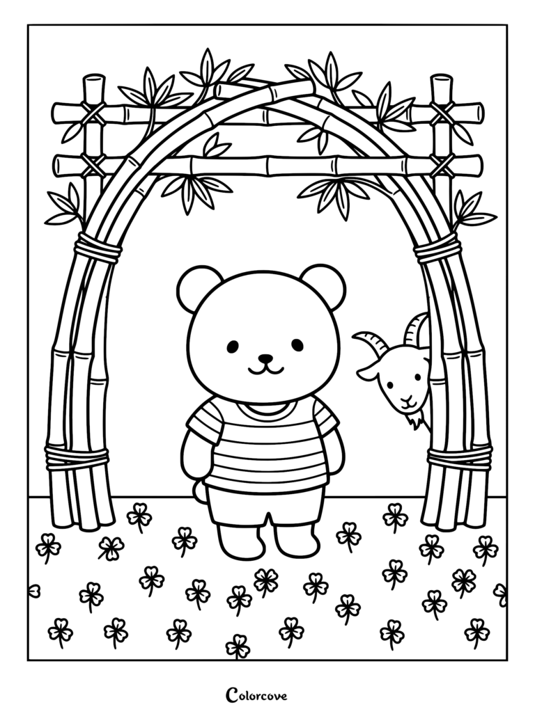 Cute Panda wearing a striped shirt standing under a bamboo arch with a goat peeking out in this free printable coloring page.