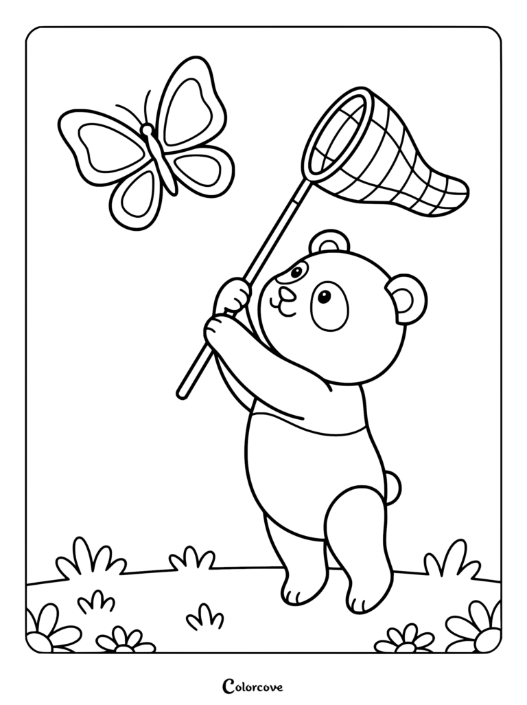 A cute panda holding a butterfly net to catch a butterfly in a field of flowers, coloring page.