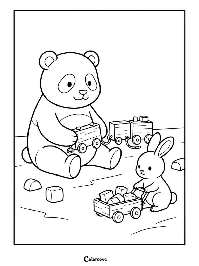 Cute Panda and Bunny coloring page featuring a panda pulling a wooden toy train and a bunny pushing a cart filled with blocks.
