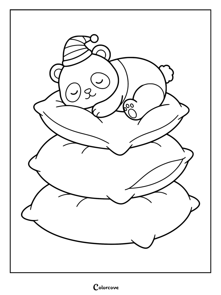 Cute panda wearing a nightcap sleeping on a stack of three pillows coloring page