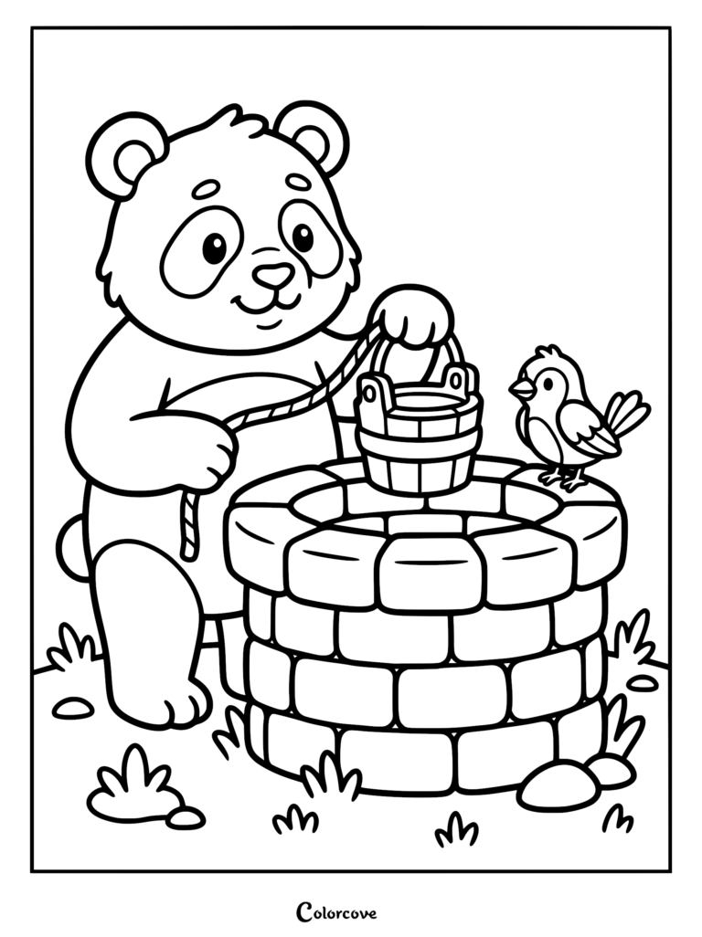 A cute panda pulling a bucket from a stone well with a small bird watching, printable coloring page.