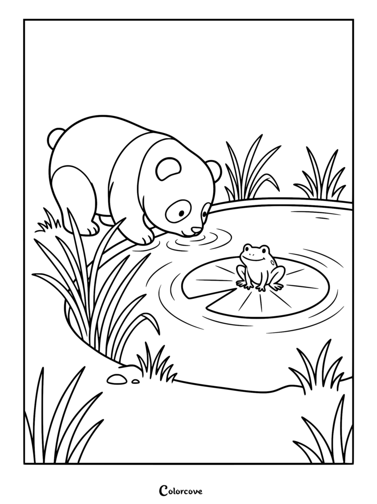Cute panda looking at a frog on a lily pad in a pond coloring page
