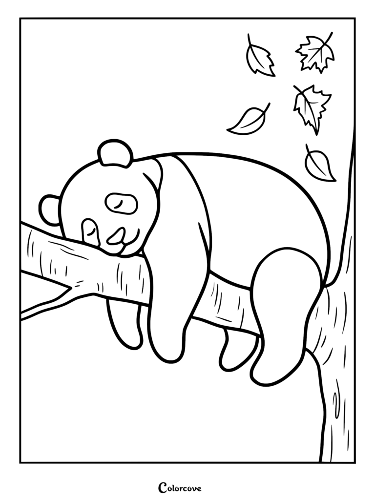 Cute Panda sleeping on a tree branch with falling autumn leaves in this free printable coloring page.