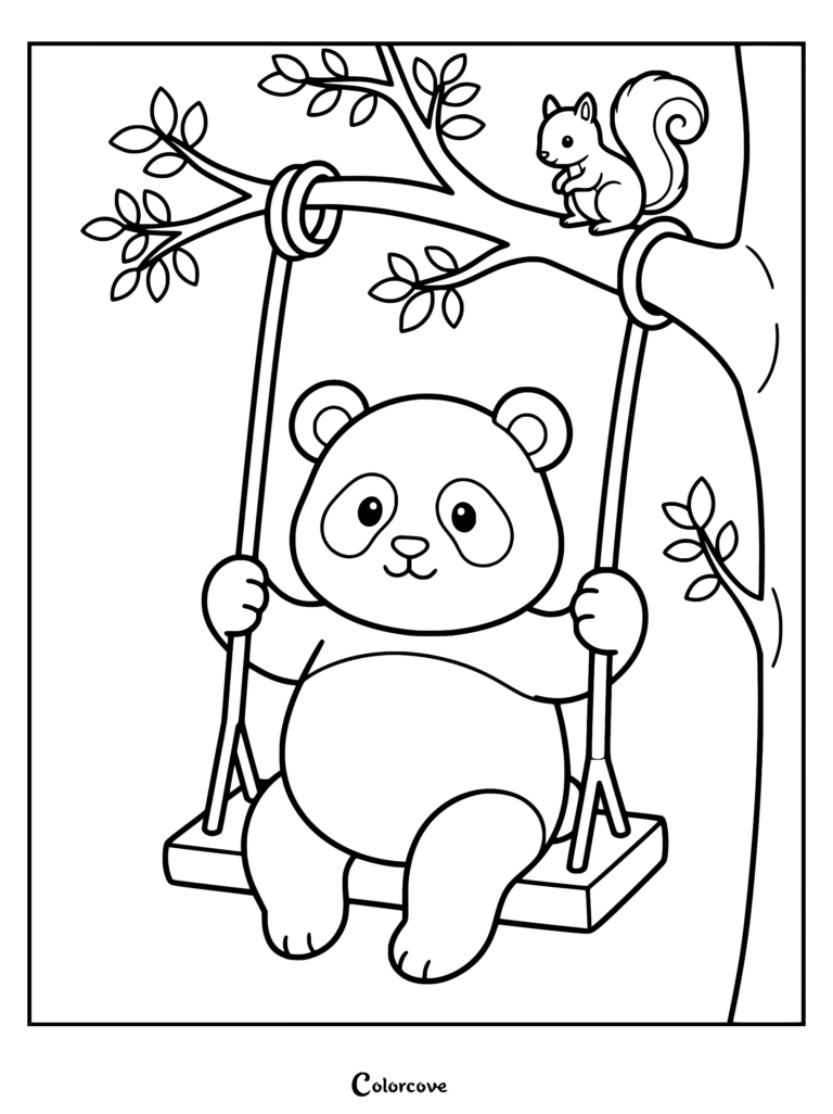 A cute panda sitting on a wooden tree swing with a small squirrel watching from a branch in this free printable coloring page.