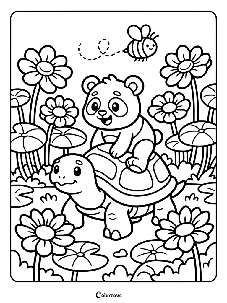A cute panda riding on a turtle's back in a garden with flowers and a bee, printable coloring page.