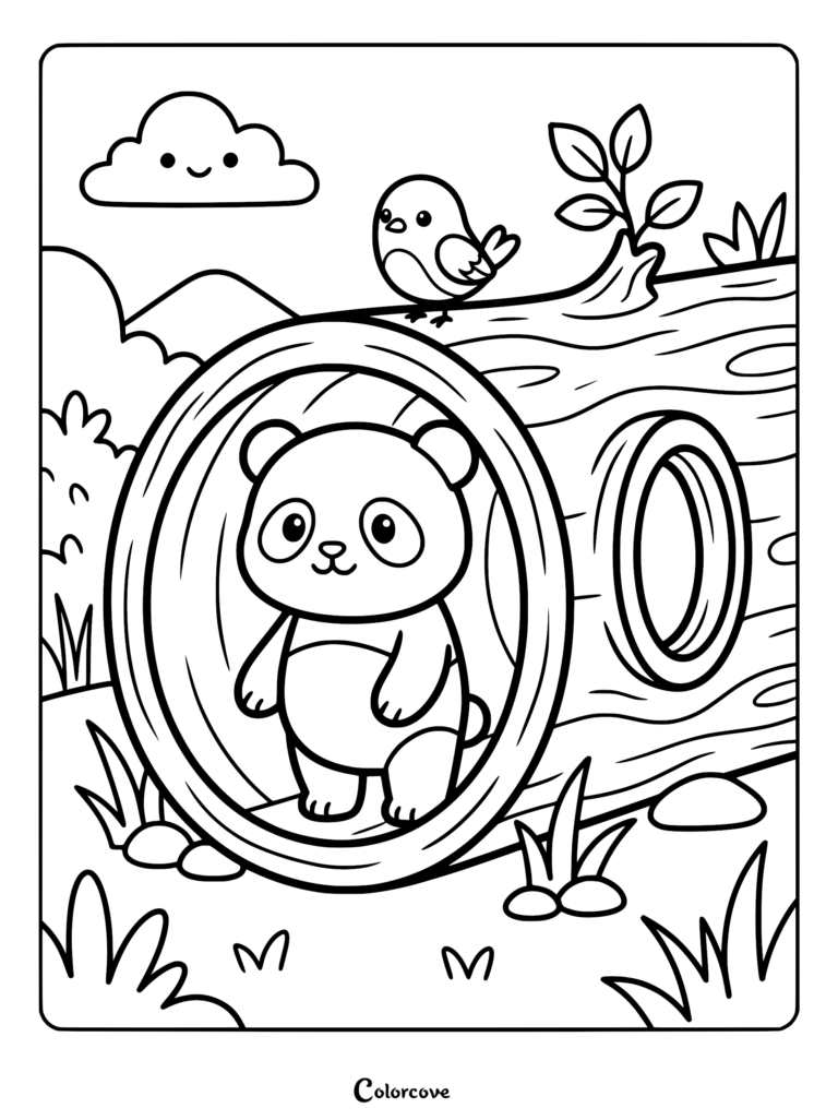 A cute panda standing inside a hollow log with a small bird perched on top in this free printable coloring page.