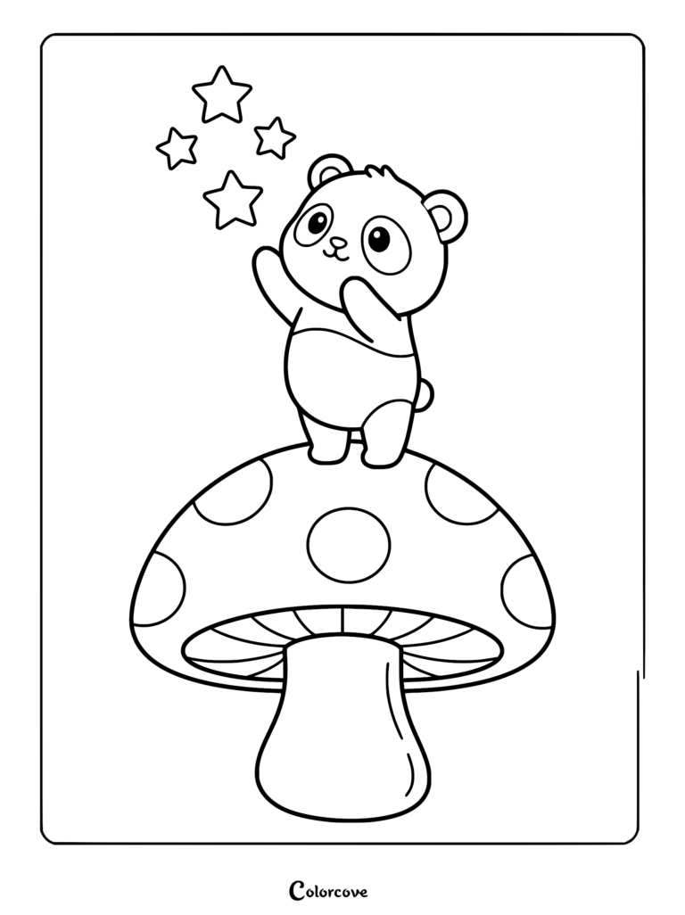 Cute panda standing on a large spotted mushroom reaching for stars in this printable coloring page.