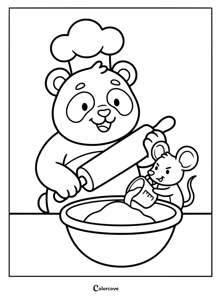A cute panda chef wearing a hat using a rolling pin with a small mouse pouring ingredients into a bowl in this free printable coloring page.